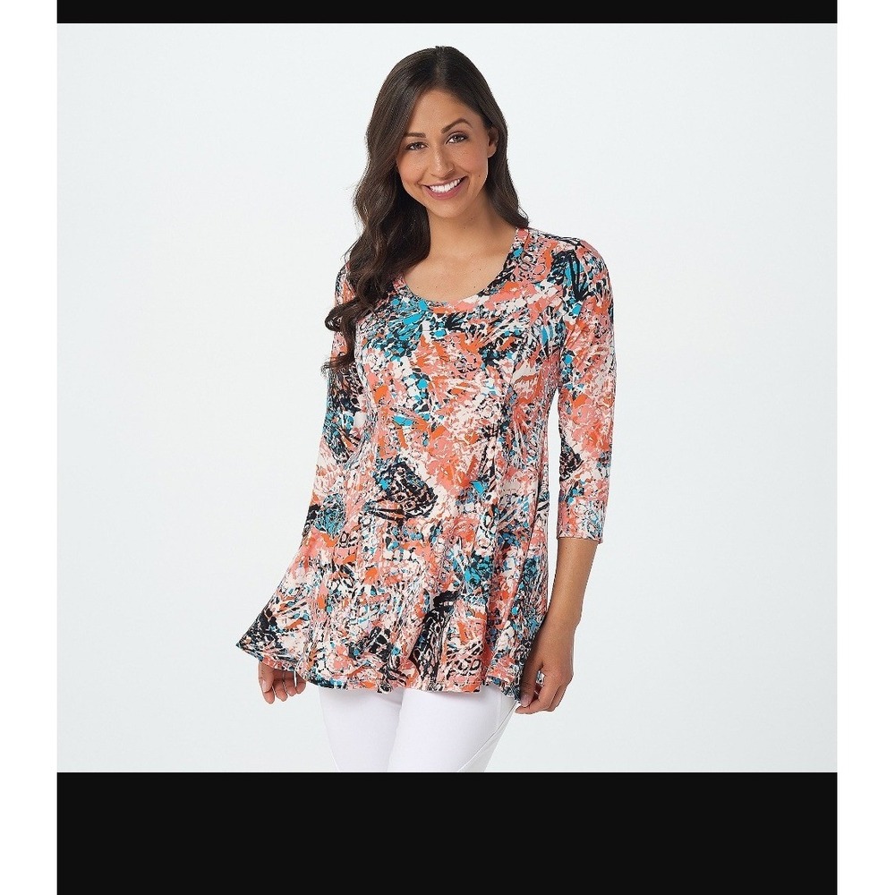 Attitudes by Renee‎ Tunic Women 1XP Coral Blue NEW Abstract Butterfly Sharkbite